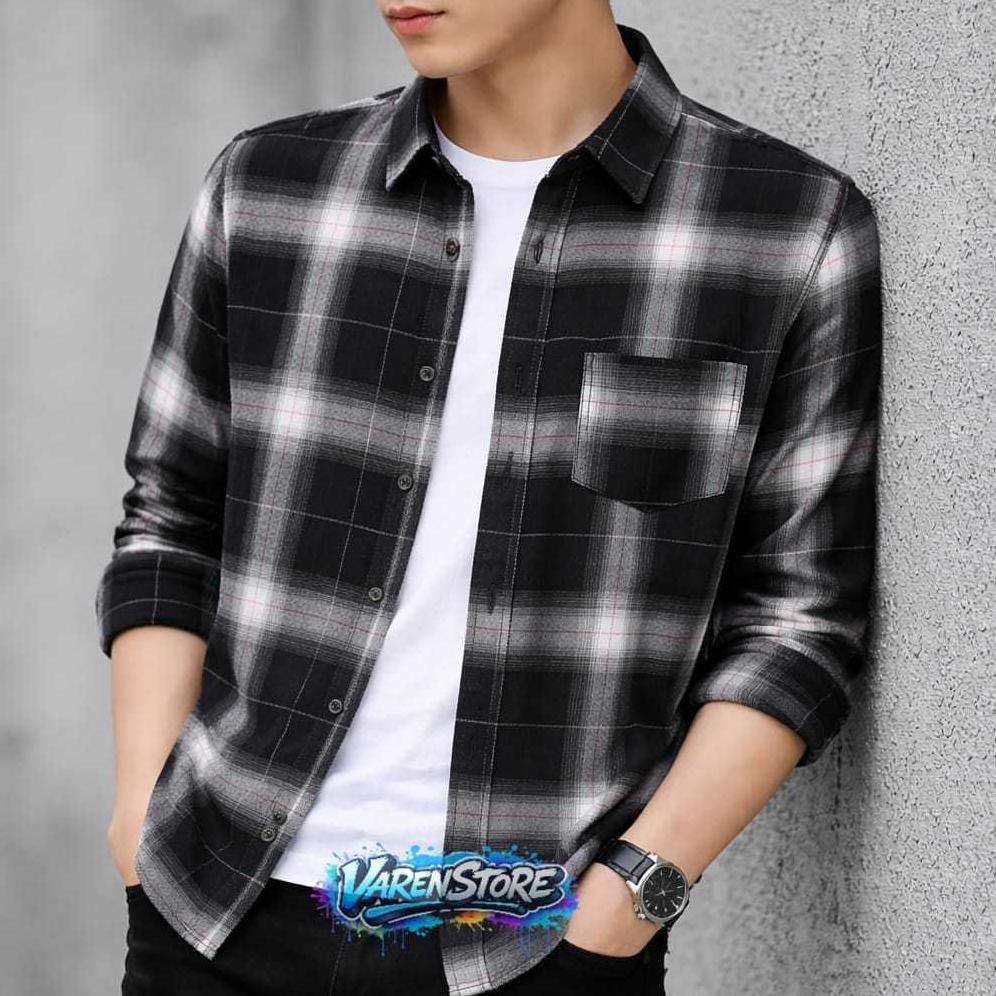 TERMURAH Kemeja Pria / Baju Pria / Kemeja Flanel Kotak-Kotak / Kemeja Pria Lengan Panjang // Putih K