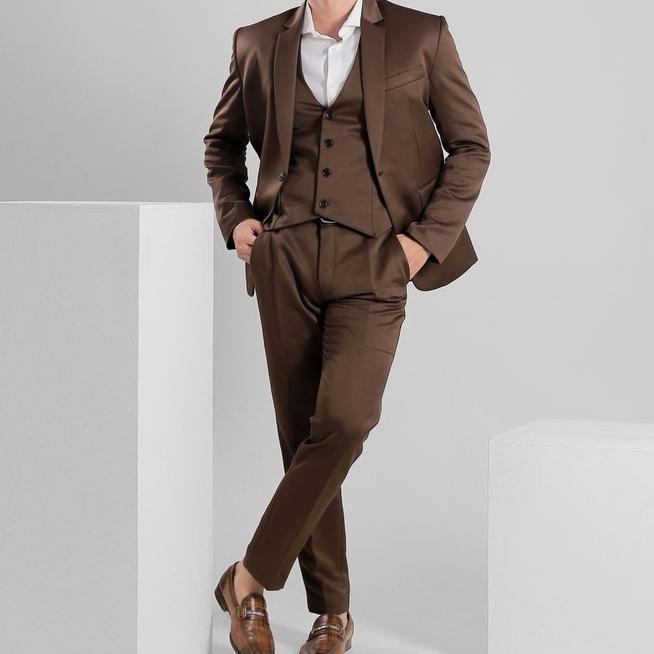 3 In 1 Set Jas Formal Pria Tuxedo Warna Coklat Cokelat Setelan Pria Blazer  Rompi Vest Celana Bahan