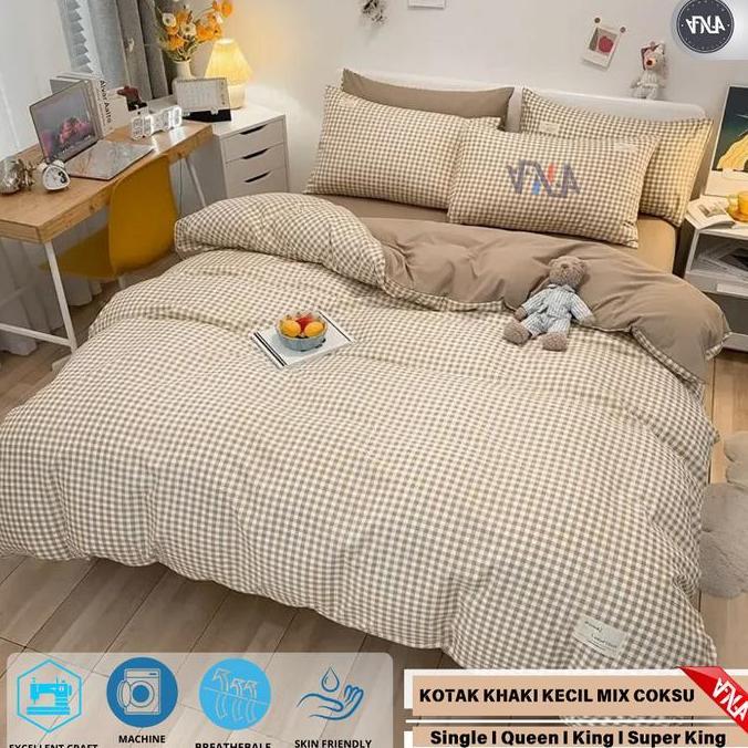 BEDCOVER SET/Bedcover+Sprei Set Motif Kotak-Kotak Kecil Khaki Aeshtetic Dekorasi Ukuran Single-Extra
