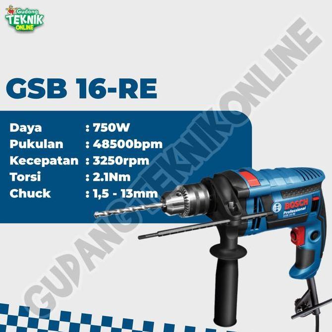 DELLINE Impact Drill 16mm BOSCH GSB16RE / Mesin Bor Tangan Besi Beton Kayu 16 mm GSB 16 RE - Bor Tan