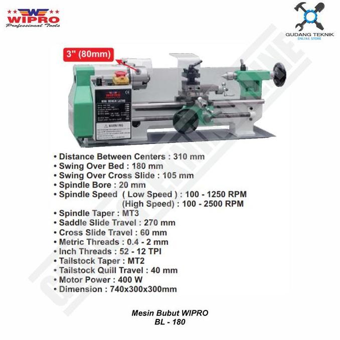 DELLINE Mesin Bubut Besi WIPRO BL180 / Variabel Speed Bubut duduk WIPRO BL 18