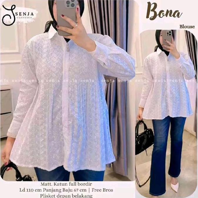 TERBARU  (BONUS BROSS) - Bona blus polos bordir putih Wanita Atasan Top Baju Casual  Kancing Katun C