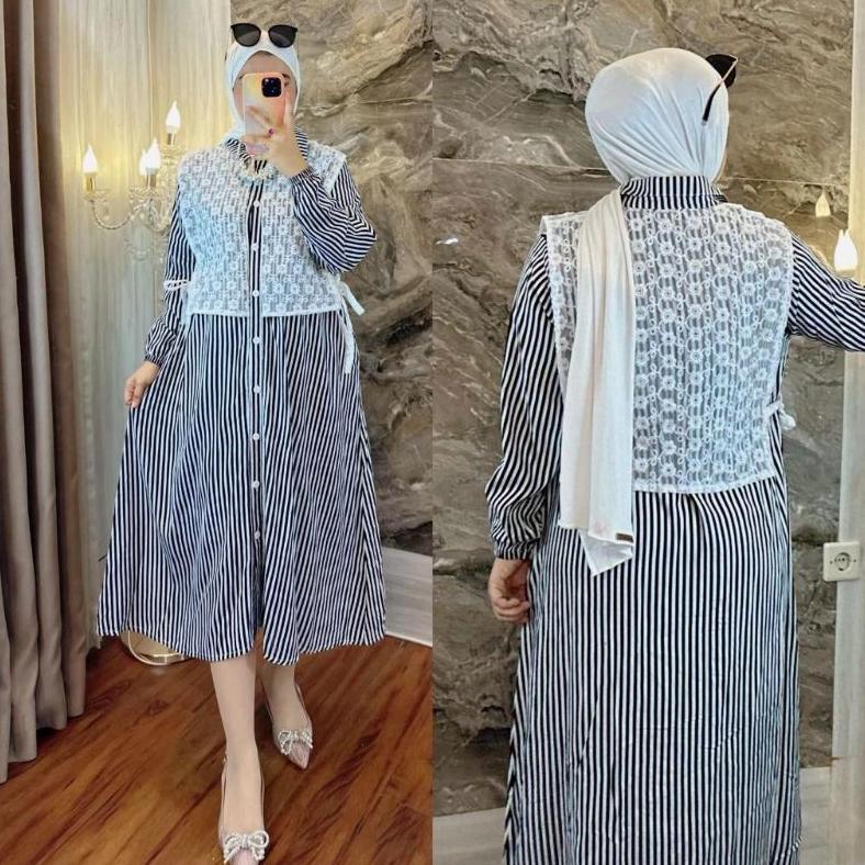 Termurah Tunik Wanita Motif Salur Kombinasi Burkat/Midi Dress Salur Mix Burkat/Midi Tunik Ful Kancin