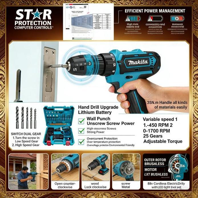 MaKITA 88vf Mesin bor 2baterai cas 10mm bor listrik murah bor tangan baterai besi tembok Beton kayu 
