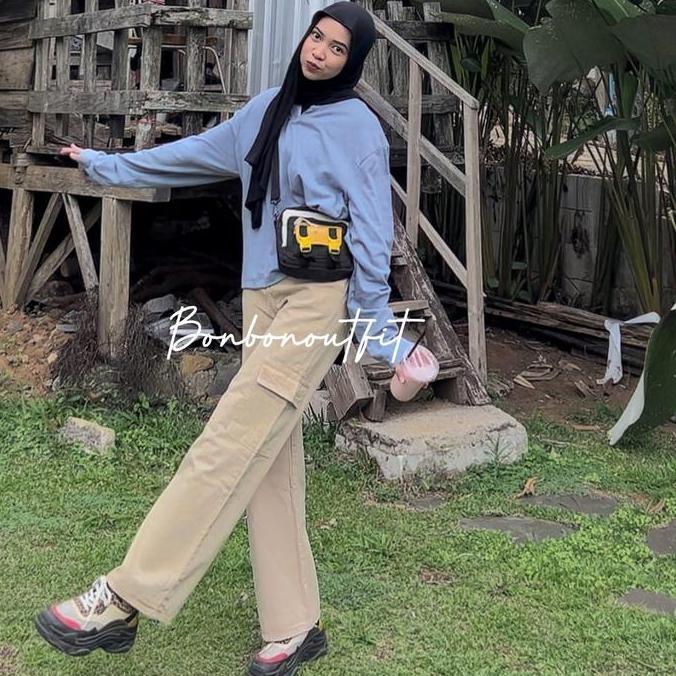 OOTD Bonbonoutfit- Celana Cargo Jeans Wanita Highwaist Panjang Kulot Cargo Jeans OOTD