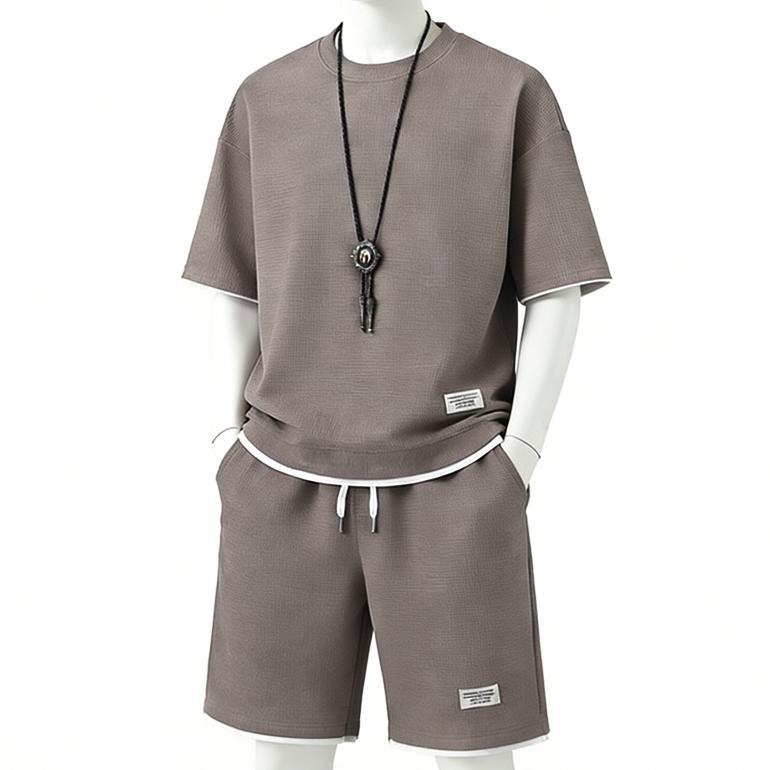 BESTPROMO celana pendek pria Baju Pantai Pria Satu Set Baju Oversize Pria Waffle Kaos Korea Style Pr