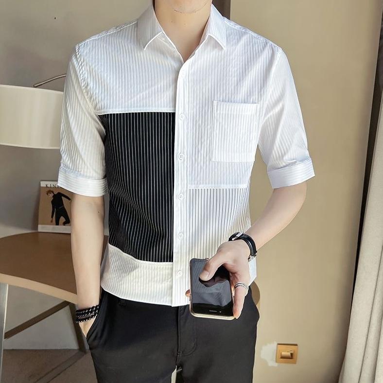 NEW Kemeja Pria Korean Style Garis Kontras Kemeja Kasual Lengan Pendek Fashion Pria Kekinian Slim Fi