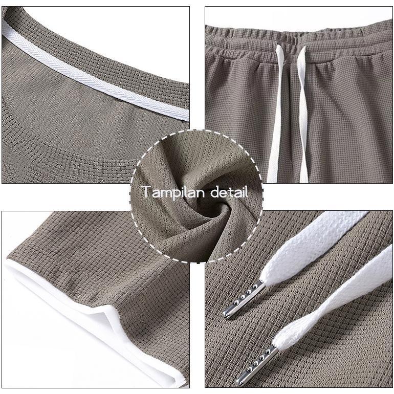 TERBARU Baju setelan pria 2025 korean Baju Pantai Pria Baju celana pria 1 set Kasual kain waffle baj