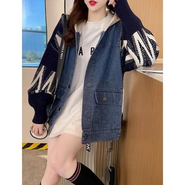 Garansi Jaket Denim Zigzag Oversize - Jaket Zipper Hoodie Gaya Korean - Patch Work Jaket