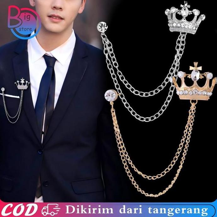 URB Pin Jas Pria Wanita Bros Baju Rantai Vintage Crown Brooch Rantai Lapel Pin Bros Jas Blazer Bros 
