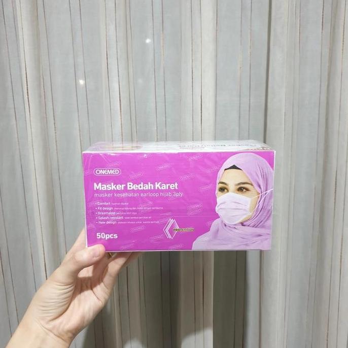 Masker Jilbab Ungu Onemed Box 50 Pcs /Masker Medis Hijab Ungu Onemed