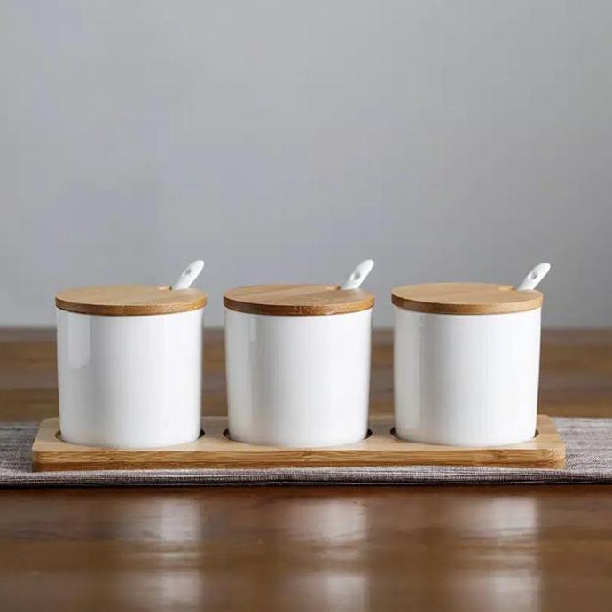 Tempat Bumbu Keramik Putih Polos Set 3pcs KS