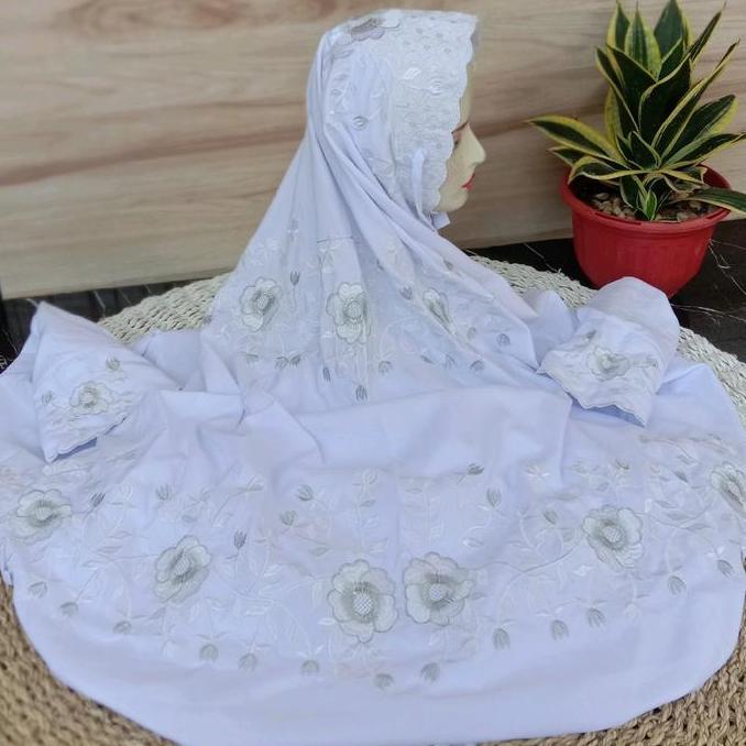 Klaosanshop - Mukena Terusan Bordir Putih Bahan Katun Mikro Premium