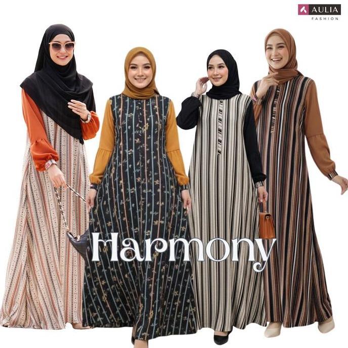 Aulia Fashion Gamis HARMONY Dress panjang rayon motif bahan perpaduan viscose dan nirmala lengan bal
