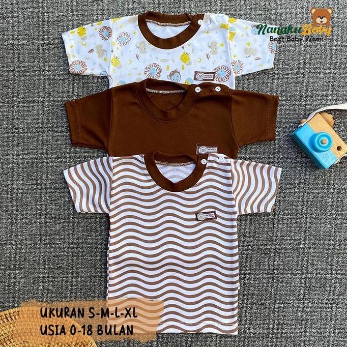 Nanaku Baby - (KUALITAS PREMIUM) Isi 3 Pcs Kaos Oblong Bayi Lengan Pendek Series Caramel || Baju Ata