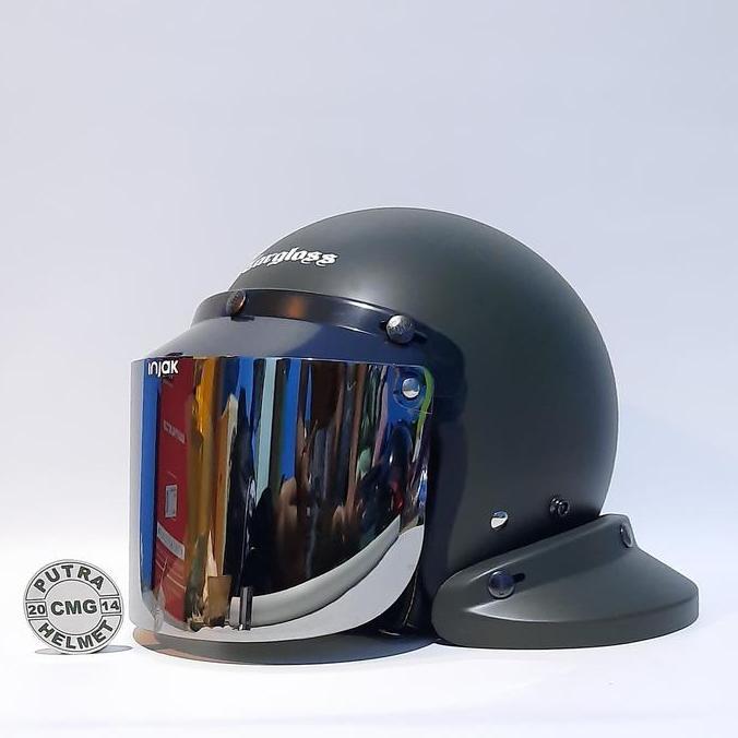 NEW PAKET HELM CARGLOSS ORIGINAL RETRO HIJAU ARMY DOFF KACA DATAR CEMBUNG ORI