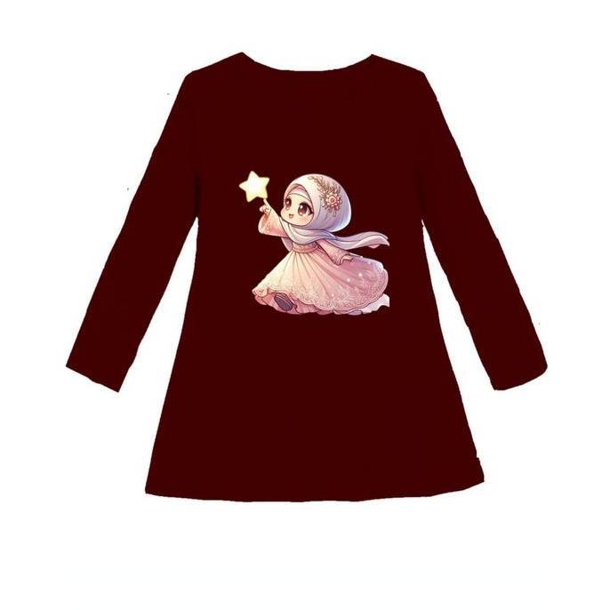Tunik Dress Motif Gambar Kartun MUSLIM STAR Oblong Lengan Panjang Atasan Anak Perempuan Usia 3-12 Ta