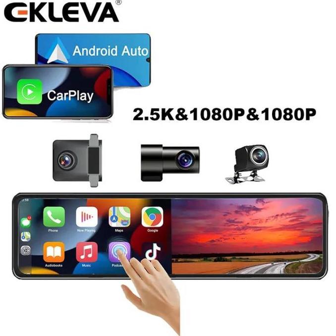 EKLEVA Dashcam Mobil 3 Kamera 11.26 Inci 2.5K Layer Sentuh DVR Mobil Bluetooth WIFI G-sensor Monitor