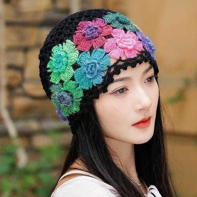 Rotazione- Topi Rajut Wanita Korea Kupluk Rajut Wanita Topi Rajut Handmade Topi Rajutan Flower Woole