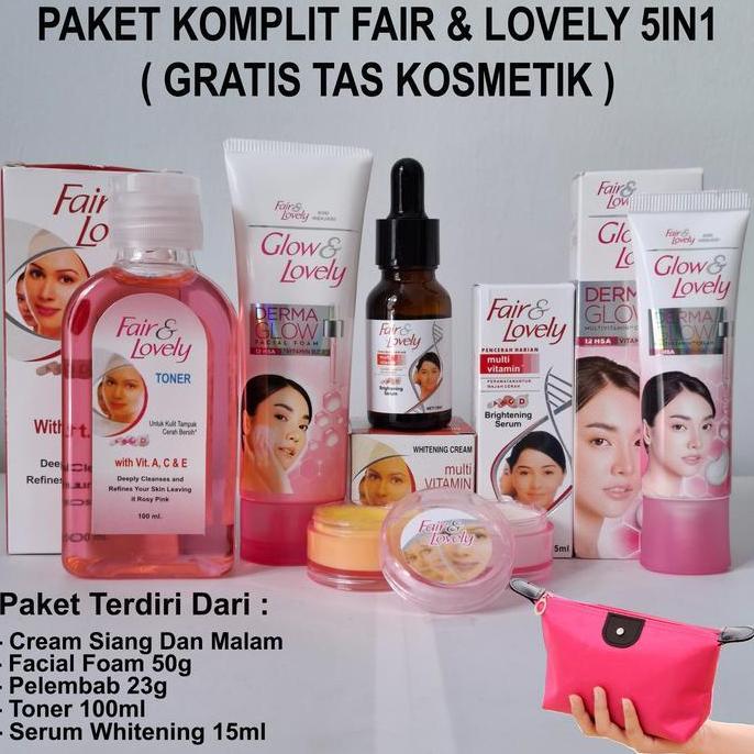 [ GRATIS TAS KOSMETIK ] Paket Lengkap Glowing Asli 5In1 Fair And Lovely - Cream Siang Malam - Pelemb