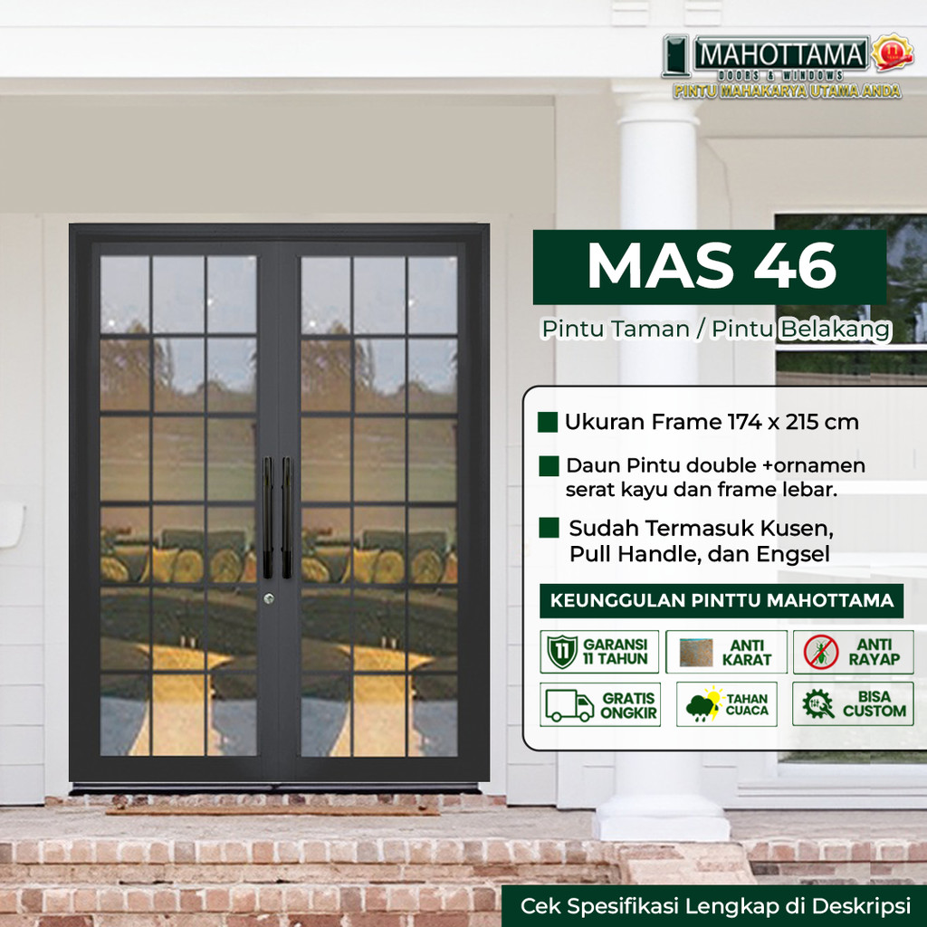 MAHOTTAMA MAS46 - Pintu Aluminium Minimalis Kaca Rumah Kantor Utama 174 x 215