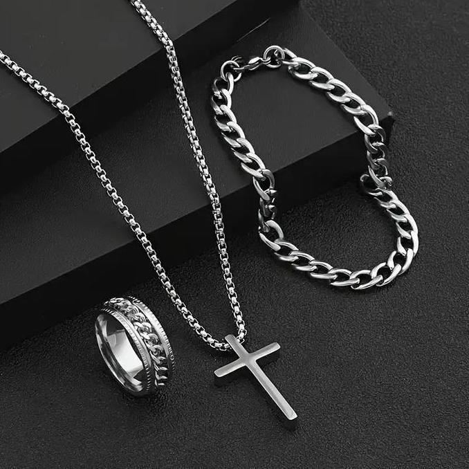 NAFELASHOP6 - SET PERHIASAN 3PCS: KALUNG SALIB, CINCIN, DAN GELANG RANTAI, SET PERHIASAN KRISTIANI T