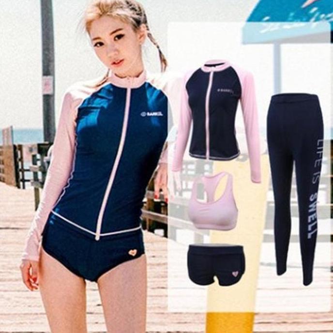 Uisce- Barrel Pink Navy Bikini Set 4 Pcs / Pink Bikini Set Swimsuit Wanita / Korean Swimwear / Baju 