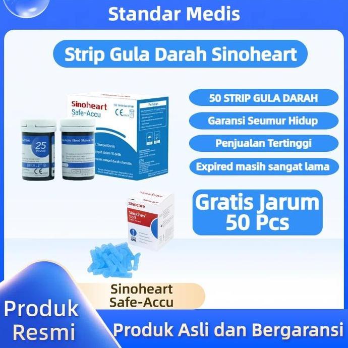 Free Jarum Sinocare/Sinoheart Safe Accu Strip Uji Gula Darah (50 Strip) Sinoheart  Sinocare Strip Gu