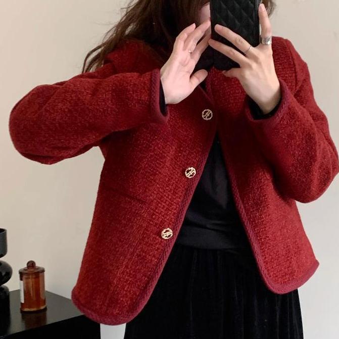 Garansi Miss Emita Baju Outer Merah Crop Top Lengan Panjang Blazer Wanita Premium Long Outer Brokat 