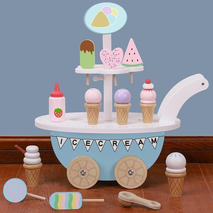 Trolley ice cream mainan edukasi kayu es krim gerobak dorongan anak