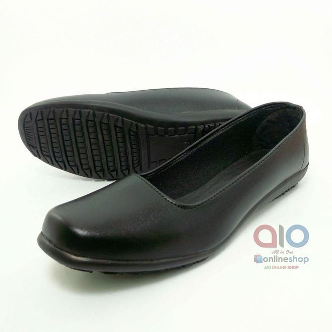 CUCI GUDANG SEPATU PANTOFEL Wanita Flat Hitam Polos Formal Guru Sekolah Kantor Kerja AW08