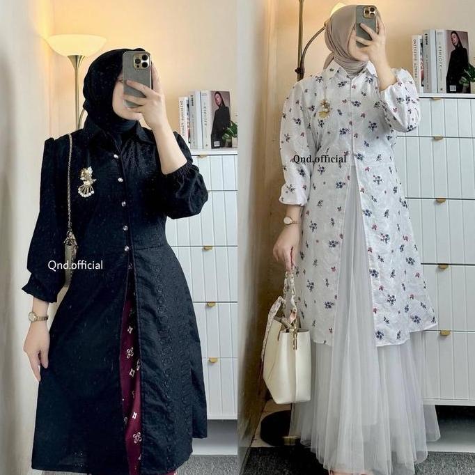 Termurah / Hot Sale Elea Tunik Katun Bordir Bunga Long Tunik Muslim Wanita Kekinian