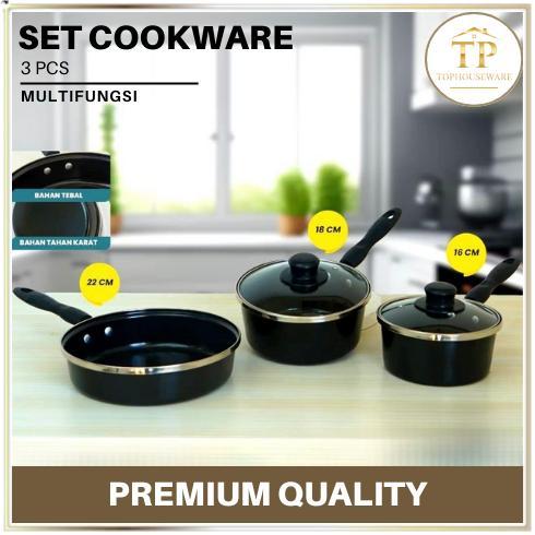 TP' Panci Wajan Set 3 Pcs Anti Lengket Cookware 3 in 1 Tutup Hitam Cookware Set Hitam Diskon