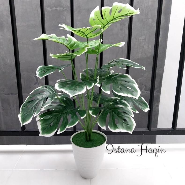 Monstera Artificial Monstera Hijau Monstera Varigata Plus Pot