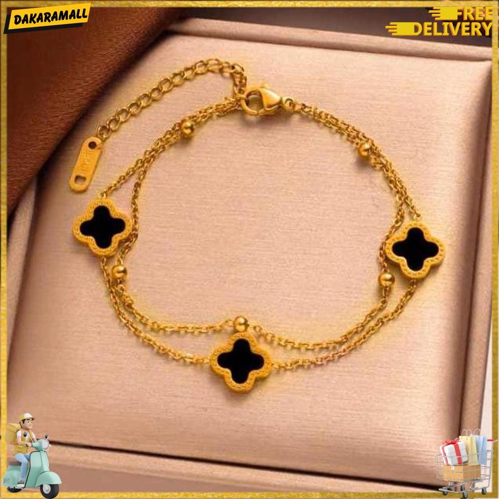 Gelang Tangan Wanita Titanium/Gelang Rantai Titanium 2 Layer Bunga Klover Hitam 3 Produk Viral