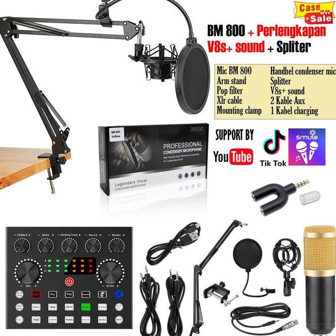 Omagoedang - Mic BM 800 Full Set Paket Stand Recording Microphone Mic Condenser + SOUNCARD V8 Plus A