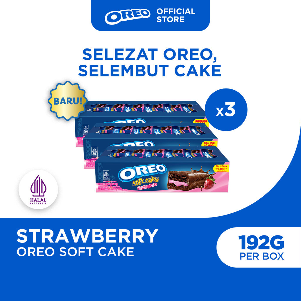 [BARU] Oreo Soft Cake 192g (Paket isi 3), Kue Bolu Cokelat dengan Krim Rasa Stroberi