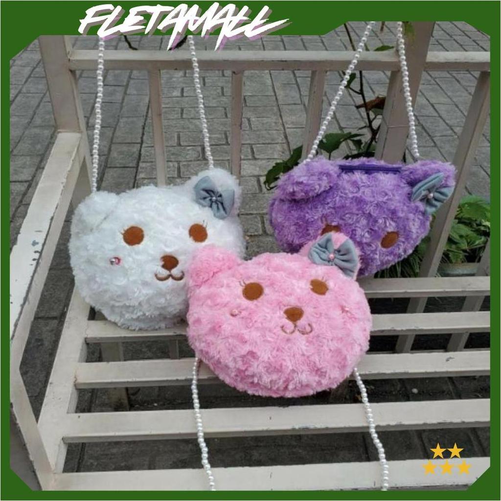 Tas Selempang Bulu Wanita Lucu Tas Bulu CATTY Slempang Tali Rantai Mutiara MAP Termurah