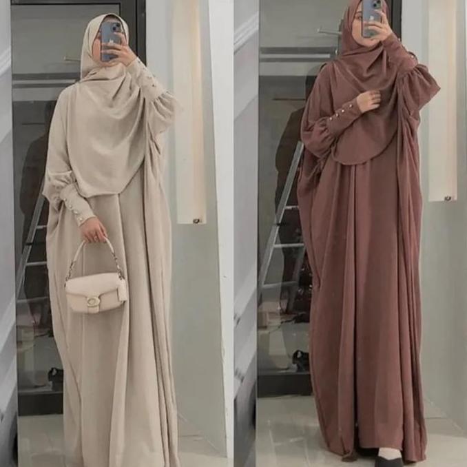 Faminuyi - Baju Set Syari Abaya Kaftan Batwing Pashmina Oval Gamis Aisha Wanita Muslim Perempuan Rem