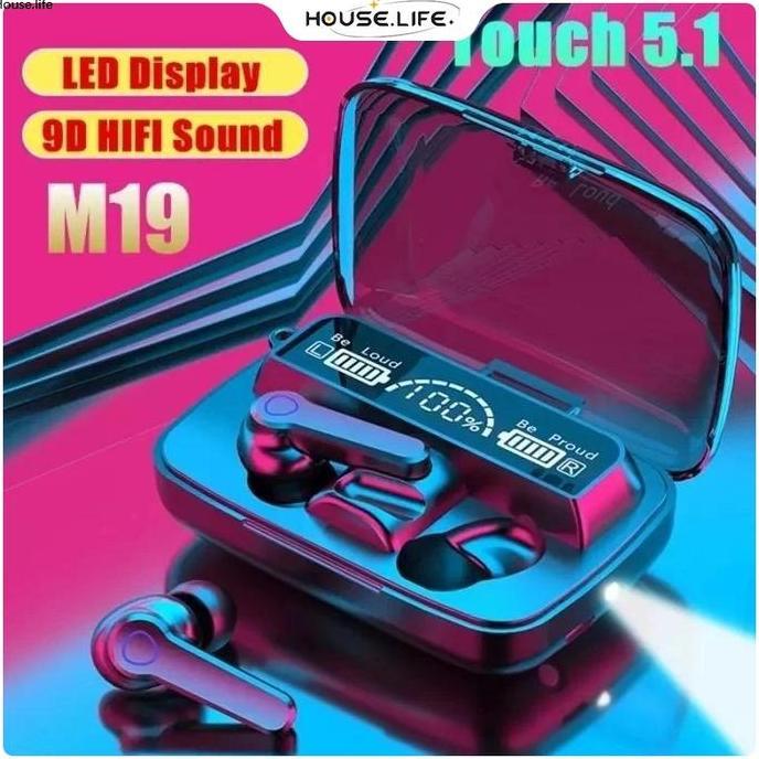 HEADPHONE BLUETOOTH 5.1 EARBUD M19 TWS NIRKABEL LED DIGITAL POWER DISPLAY BASS STEREO
