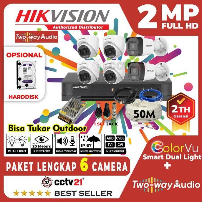 TERLARIS PAKET 6 KAMERA CCTV AUDIO HIKVISION 6CH 6 CHANNEL KAMERA 2MP KABEL 50M