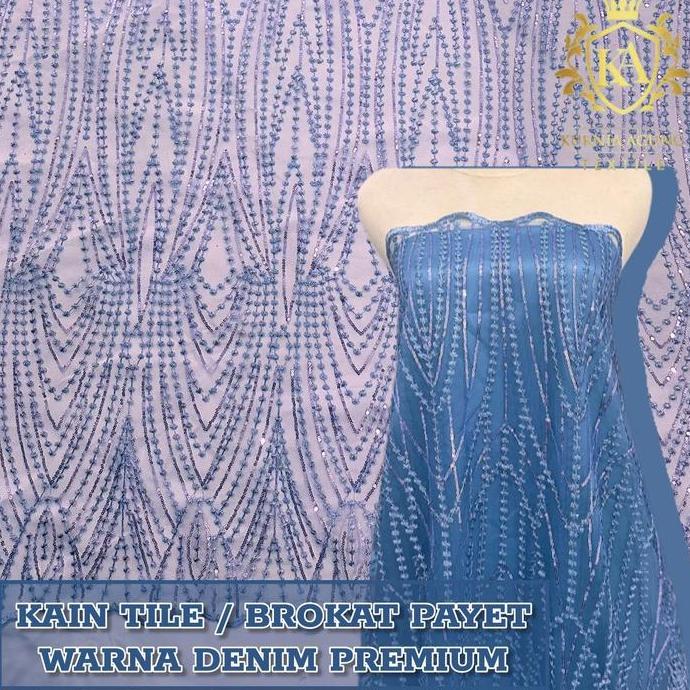 Bahan Kebaya Gamis Brokat Tile Payet Warna Denim Premium Harga Per 50cm / Setengah Meter
