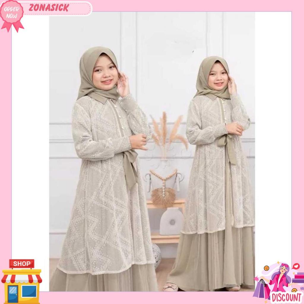 Gamis Anak Set Padma Syar'I Plus Hijab Bahan Crikle Airflow Mix Brokat Malika Tile Baju Crinkle Pali