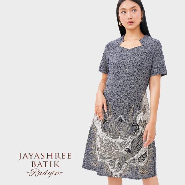 Jayashree Batik Radyta Blue Dress Wanita Tunik Motif Batik Panjang Slim Fit Wanita Warna U Abu Bahan