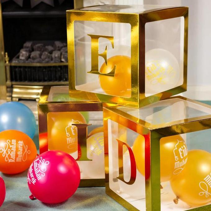 25*25cm Kotak Balon Transparan Emas Dengan Stiker Huruf A-Z Untuk Dekorasi Pesta Ulang Tahun Pernika