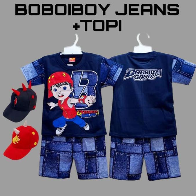 kostum baju anak boboiboy free topi / baju anak boboiboy api halilintar orange daun galaxy jeans