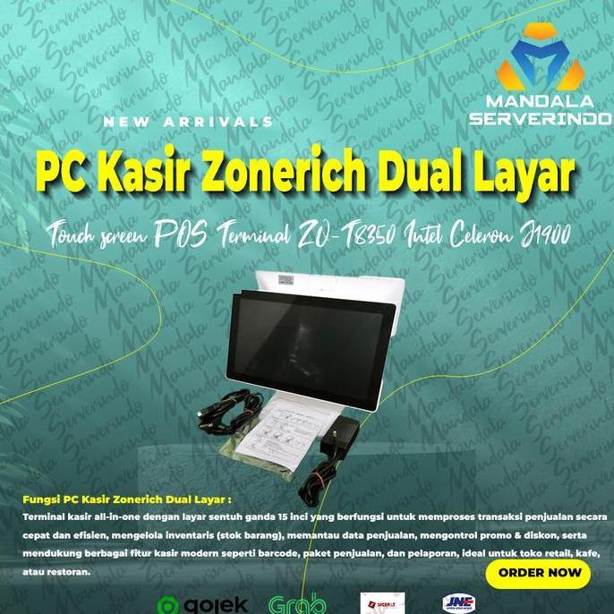 PC Kasir Zonerich Touch screen POS Terminal ZQ-T8350 Dual Layar 15inch Intel Celeron J1900 OS Window