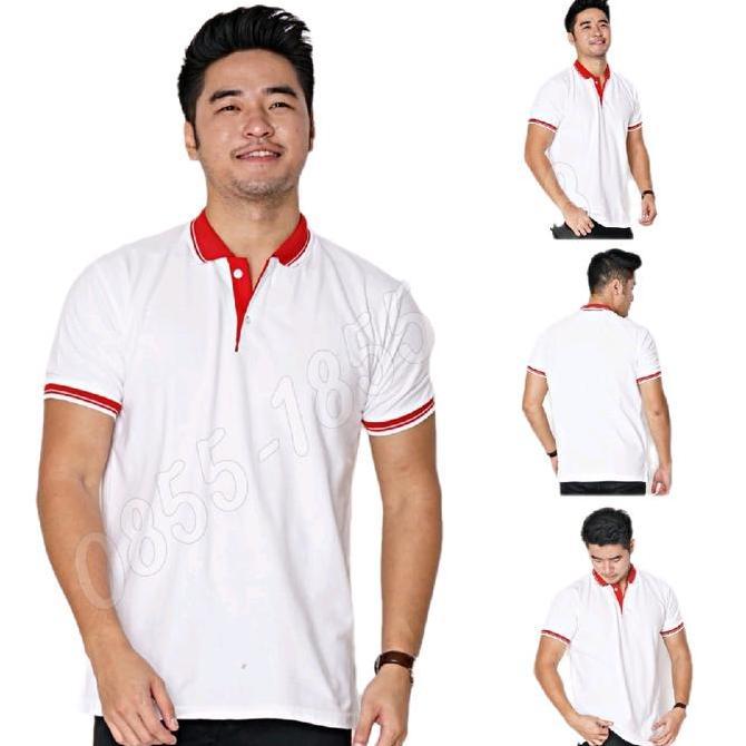 DF370 - Kaos polo putih kerah merah / kaos kerah / poloshirt / Baju Bordir Sablon Seragam Pendek Kom