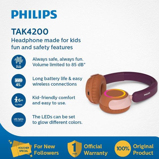 Murah Philips Tak4200 On-Ear Wireless Headphone For Kids