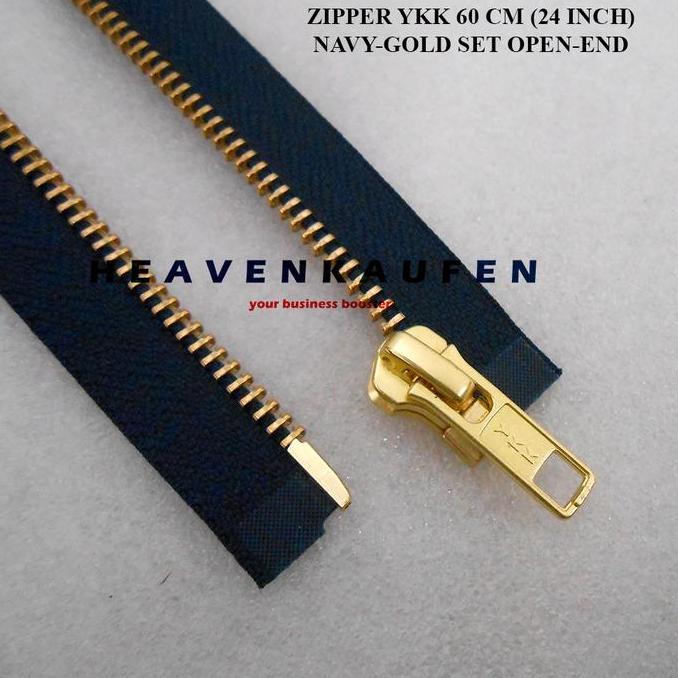 Resleting Zipper Ritsleting Jaket YKK 60 cm Atau 24 inch Kain Biru Navy - Gold Set Open End Buka Lep